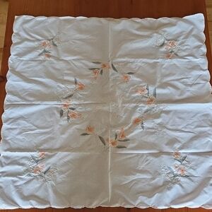 Vintage Floral Embroidered Table Centerpiece Tablecloth Peach Green Blue Accents